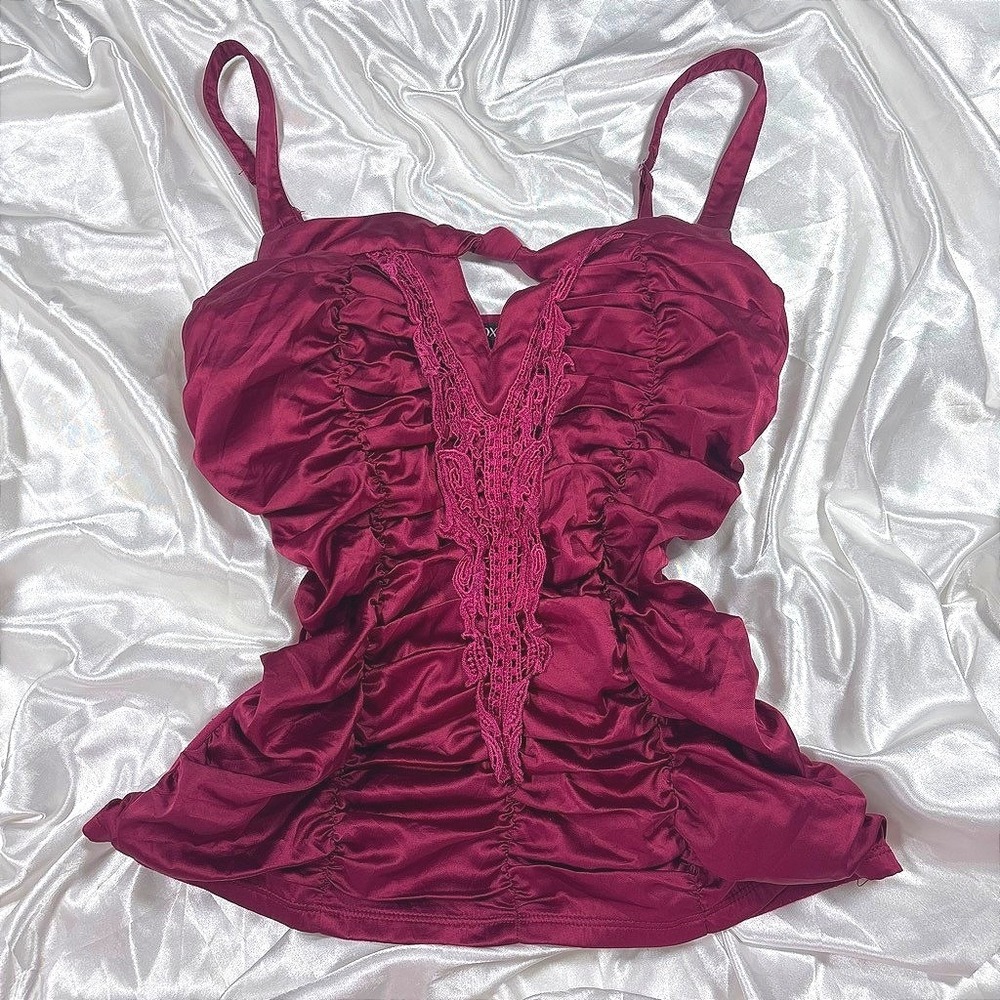y2k Ruched Cami Top Burgundy Crochet Lace Satin XOXO Camisole Tank
